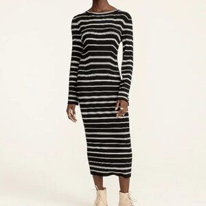 J. Crew Striped Ribbed Knit Sweater Midi Dress M Flare Long Sleeves Black White